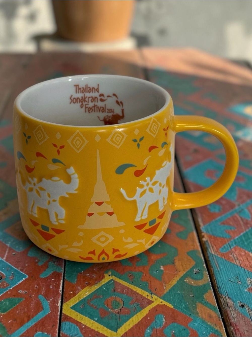 2016 Starbucks Coffee Mug Thailand Songkran Festival Yellow Embossed Elephants